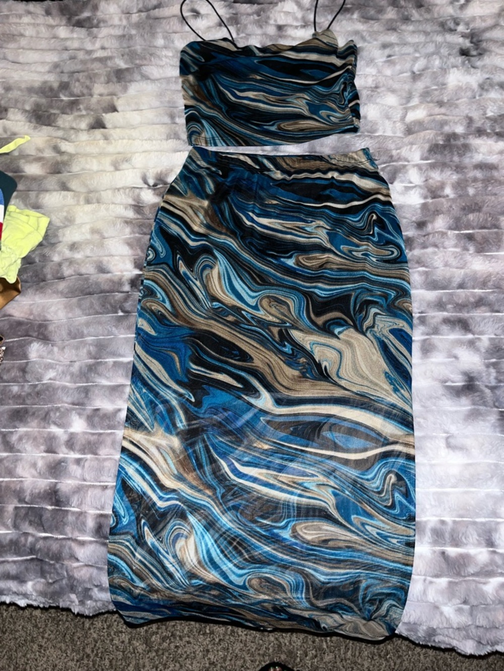 Blue Marble Print Two-Piece Crop Top & Maxi Skirt Set
